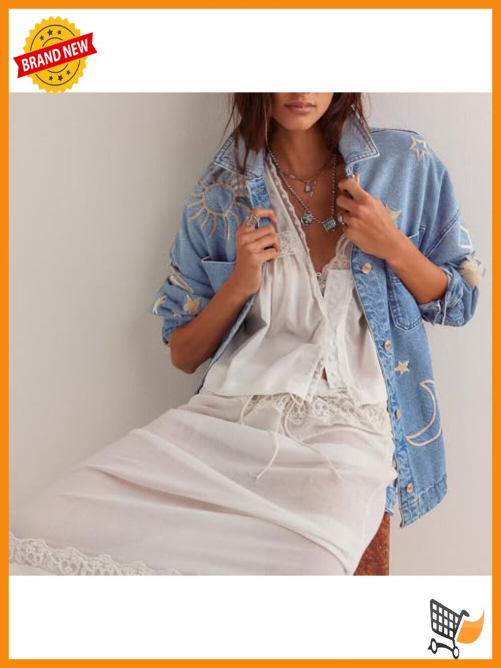 Vintage Oversized Embroidered Denim Jacket Casual Loose Fit Button Down - Picture 3 of 4
